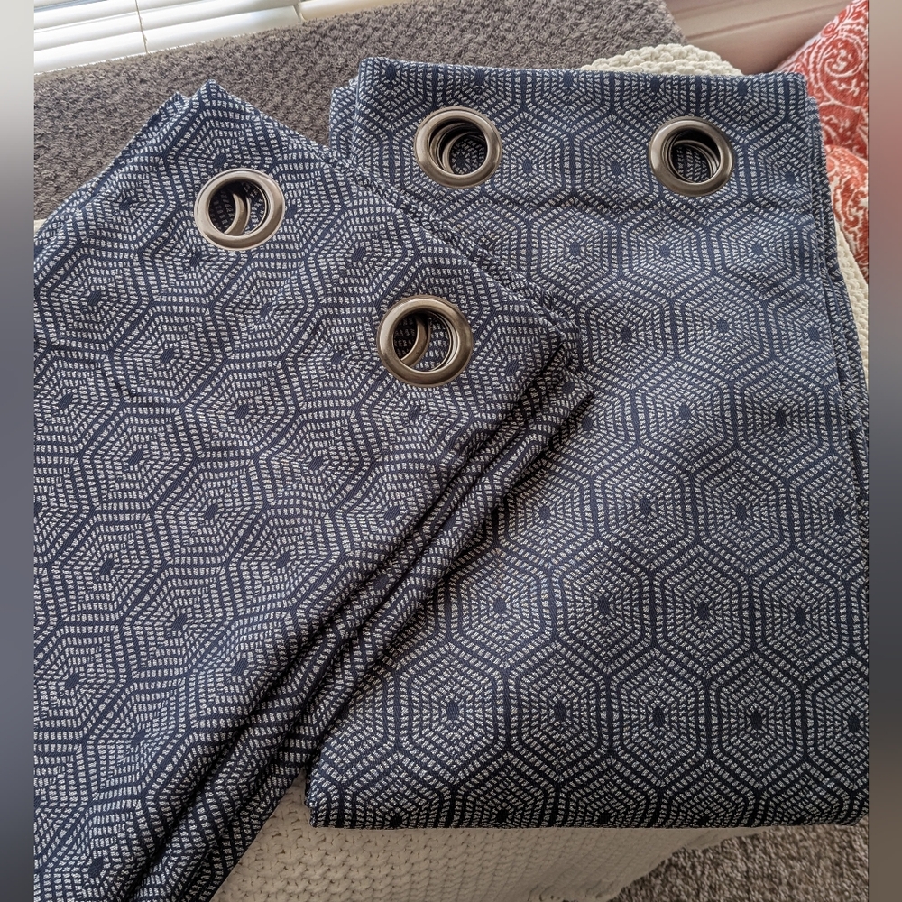 Blackout Curtain Panels (2) Navy Blue Geometric Design 64" Long
